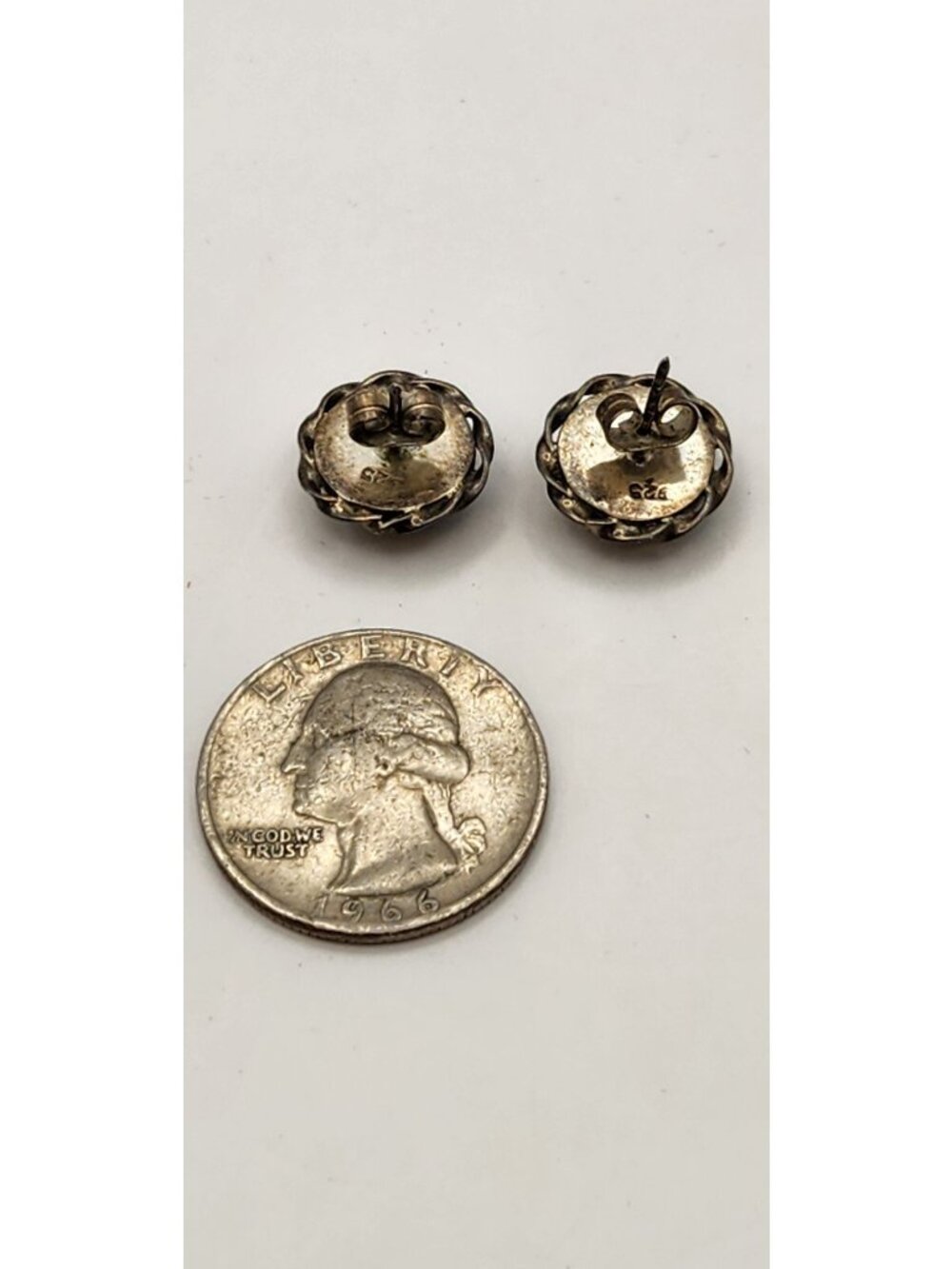 Vintage Semi Precious Stone Blue Green Gray Stud Earrings 925 Sterling Silver - Picture 3 of 5